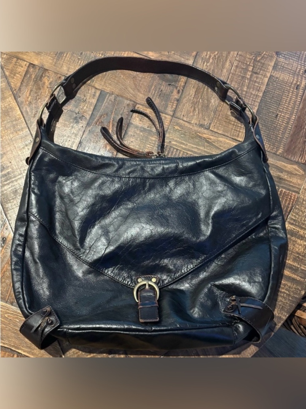 Hype Black Leather Hobo Bag with Vintage Finish